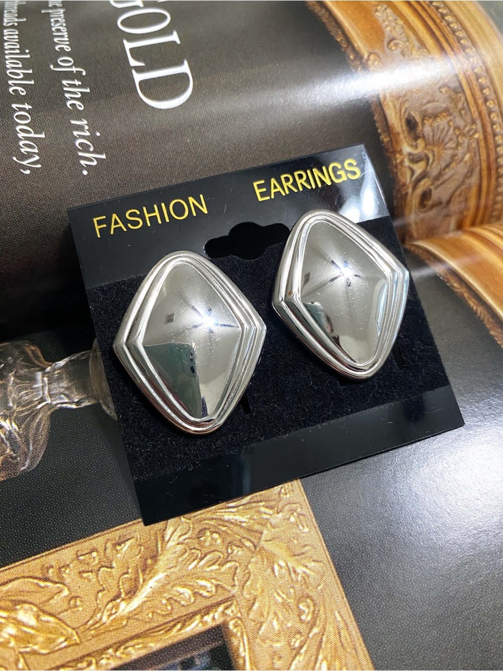 Vintage Monet Silver Tone Geometric Diamond Shape Clip On Statement Earrings